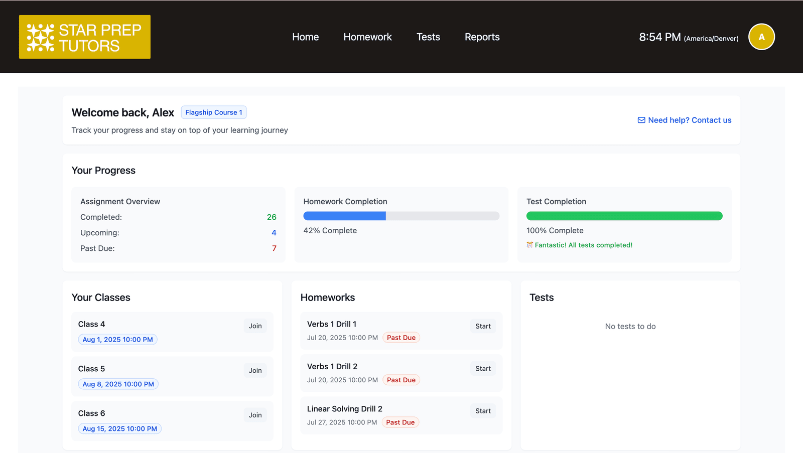 Student Hub dashboard showing progress, classes, and homework