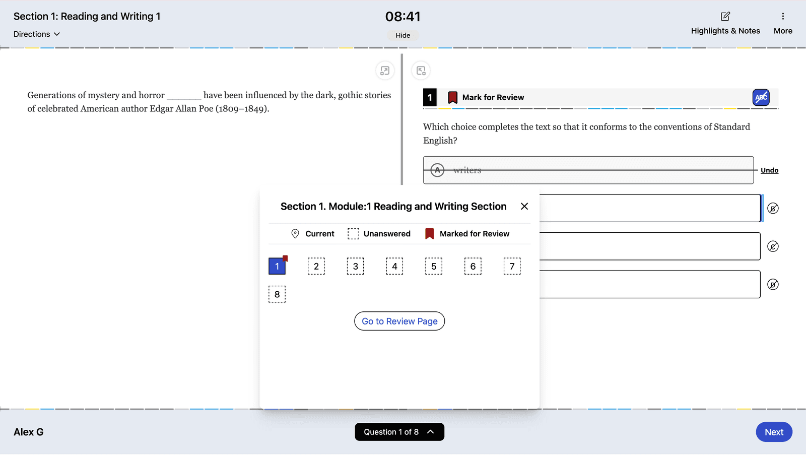 Digital SAT practice interface with question navigator